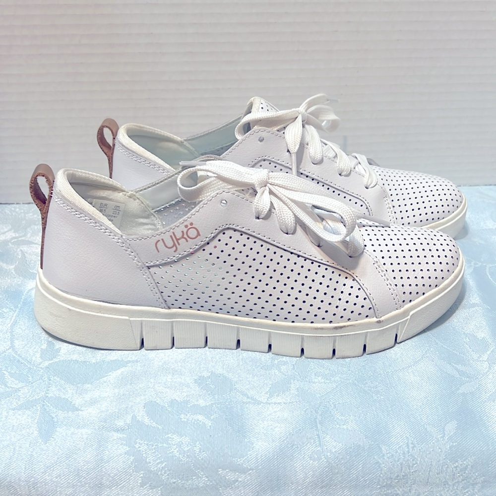 Ryka Gold and White Leather Sneakers with Perforated Breathable Upper Size 6.5